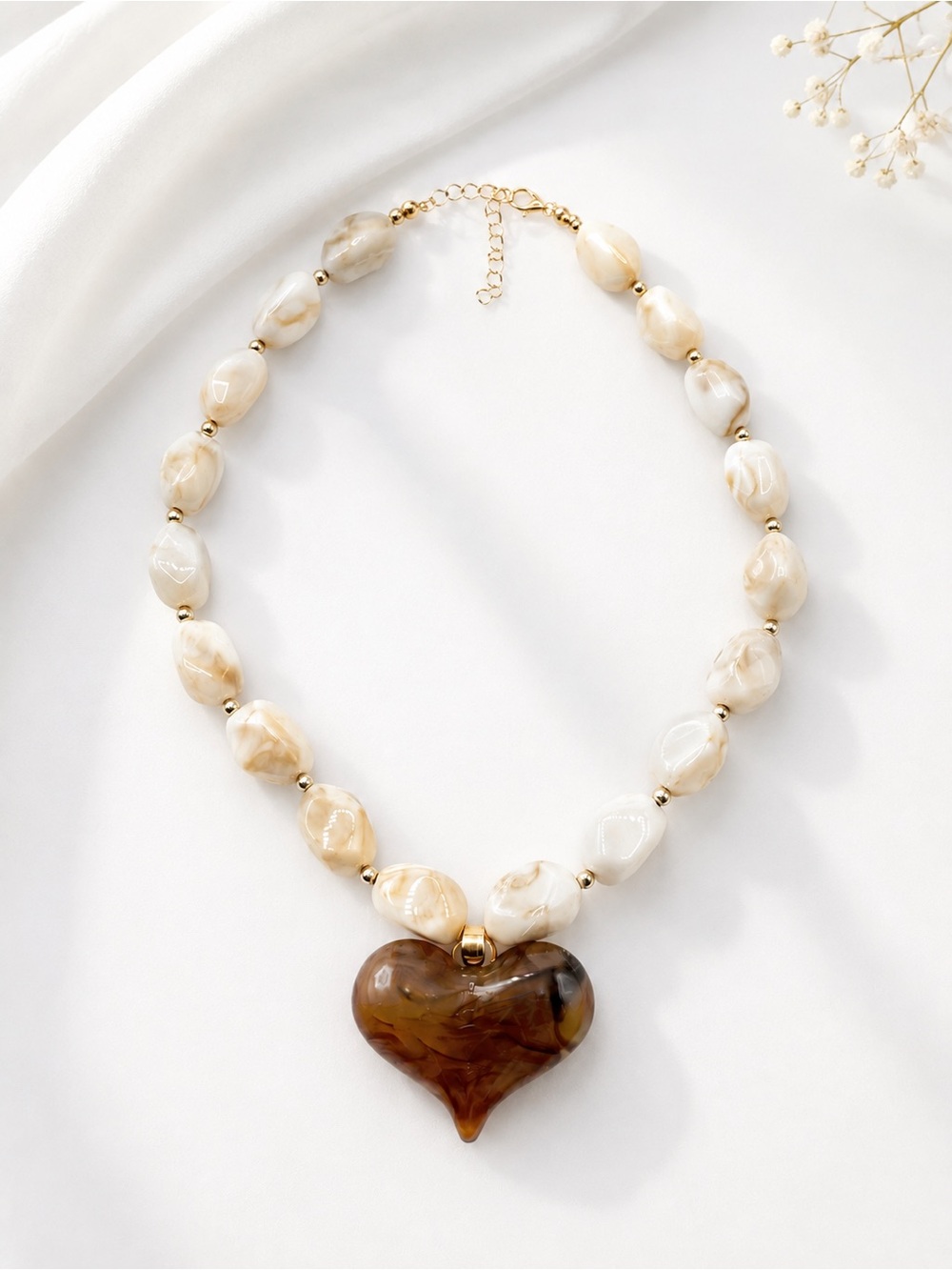 Acrylic & Resin Heart Pendant Statement Necklace in Cream & Espresso